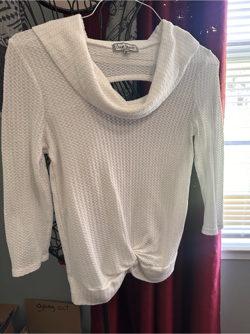 White Waffle Knit Cowl Neck Sweater